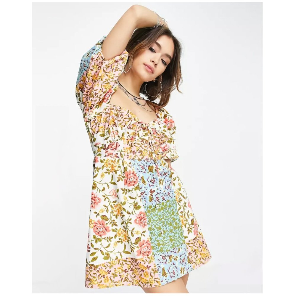 Vintage Cowgirl style patchwork pattern puff sleeve milkmaid dress